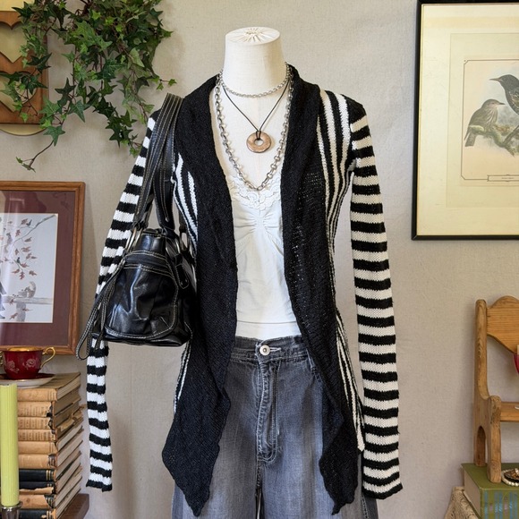 Wet Seal Sweaters - Emo Grunge XS Black White Striped Open Front Draped Cardigan Sweater Knit Y2K